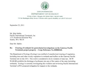 Excerpt from September 23, 2011 letter from the DOE regarding unauthorized clearing of wetlands by SSA Marine/PIT