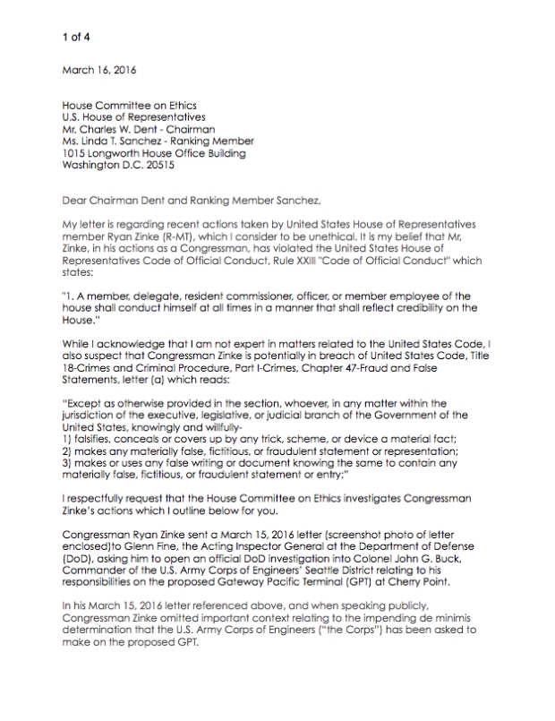 Page one of the certified letter sent by Sandy Robson to the United States House Committee on Ethics, calling upon the committee to open an investigation into Congressman Ryan Zinke (R-MT), for potentially violating the United States House of Representatives Code of Official Conduct